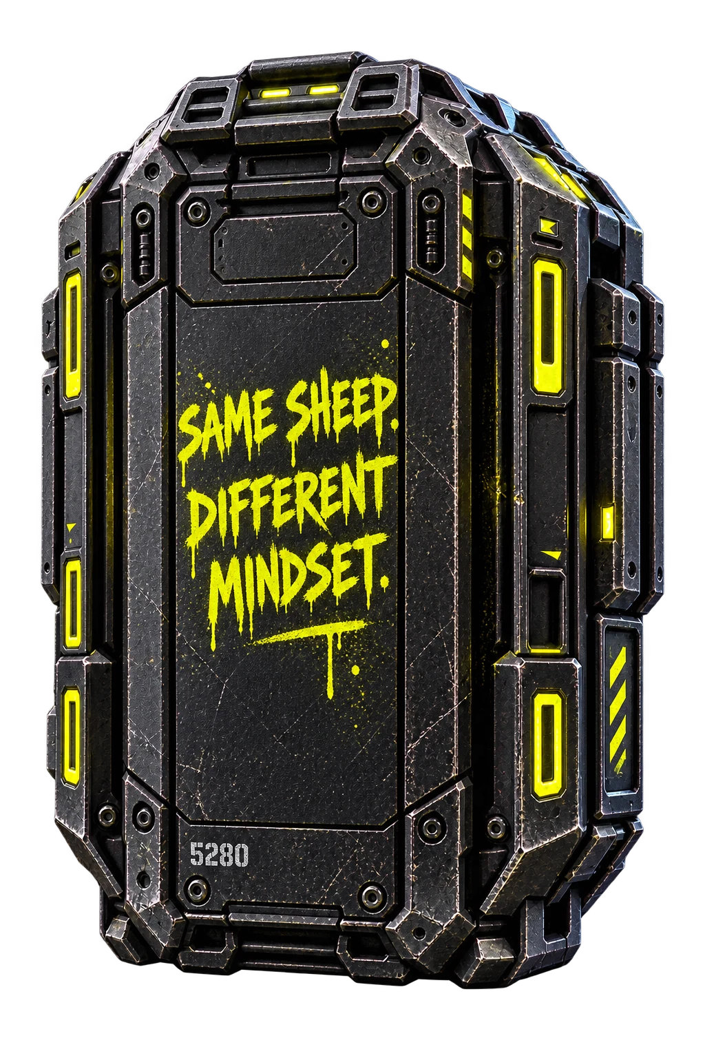 Rear concept view of the sealed specimen container with Same Sheep, Different Mindset lettering.